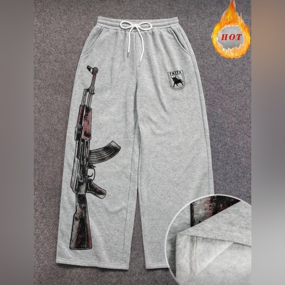 Gray Wide Leg Sweat Pants with Western Design